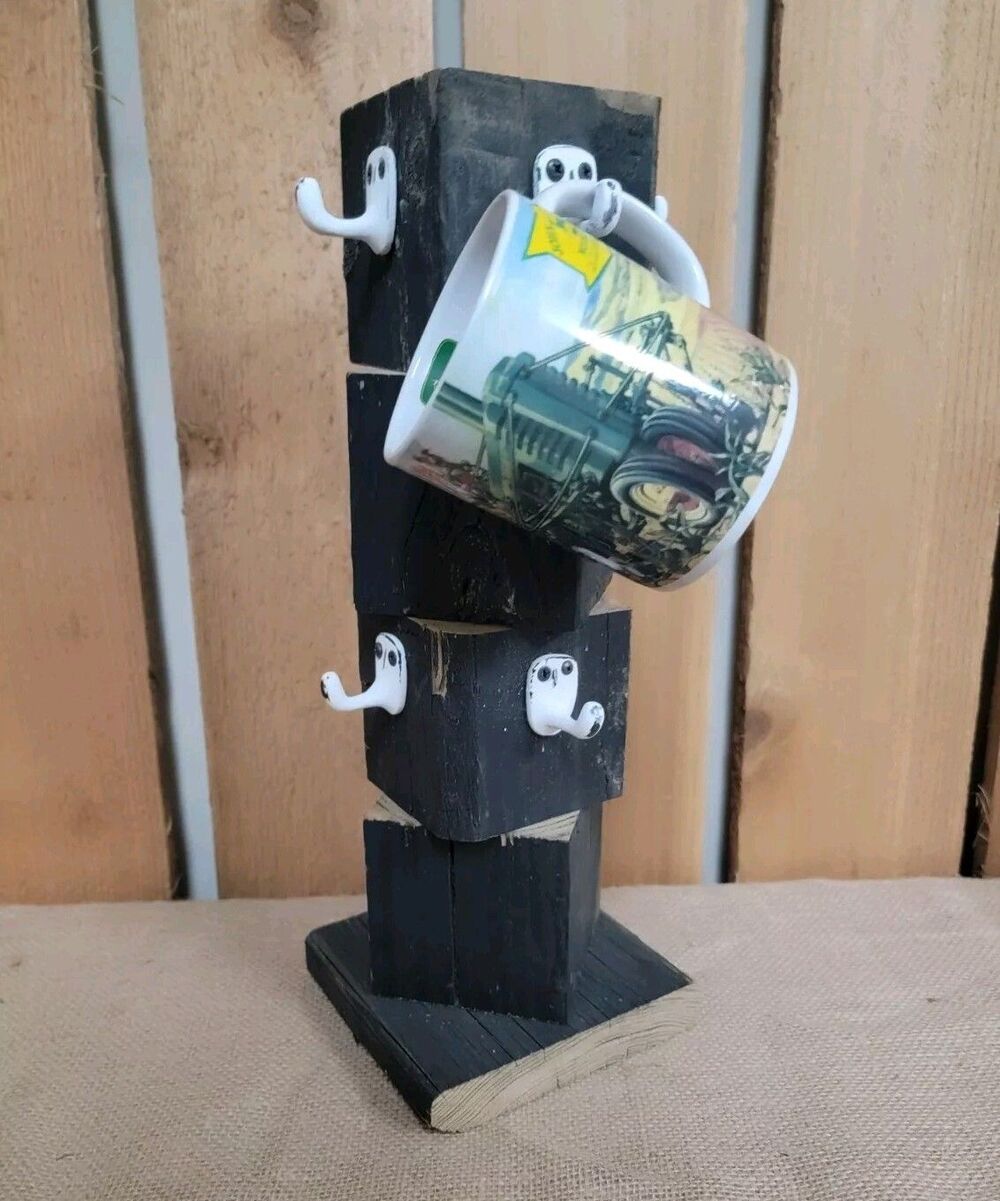 Black Mug Holder Wooden Rustic Farmhouse Coffee Cup Holds 8 Mugs Handmade